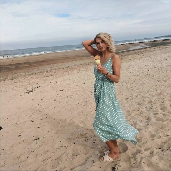 Mint Green Polka Dot Midi Button Through Dress Flared V-Neck - Picture 12 of 16